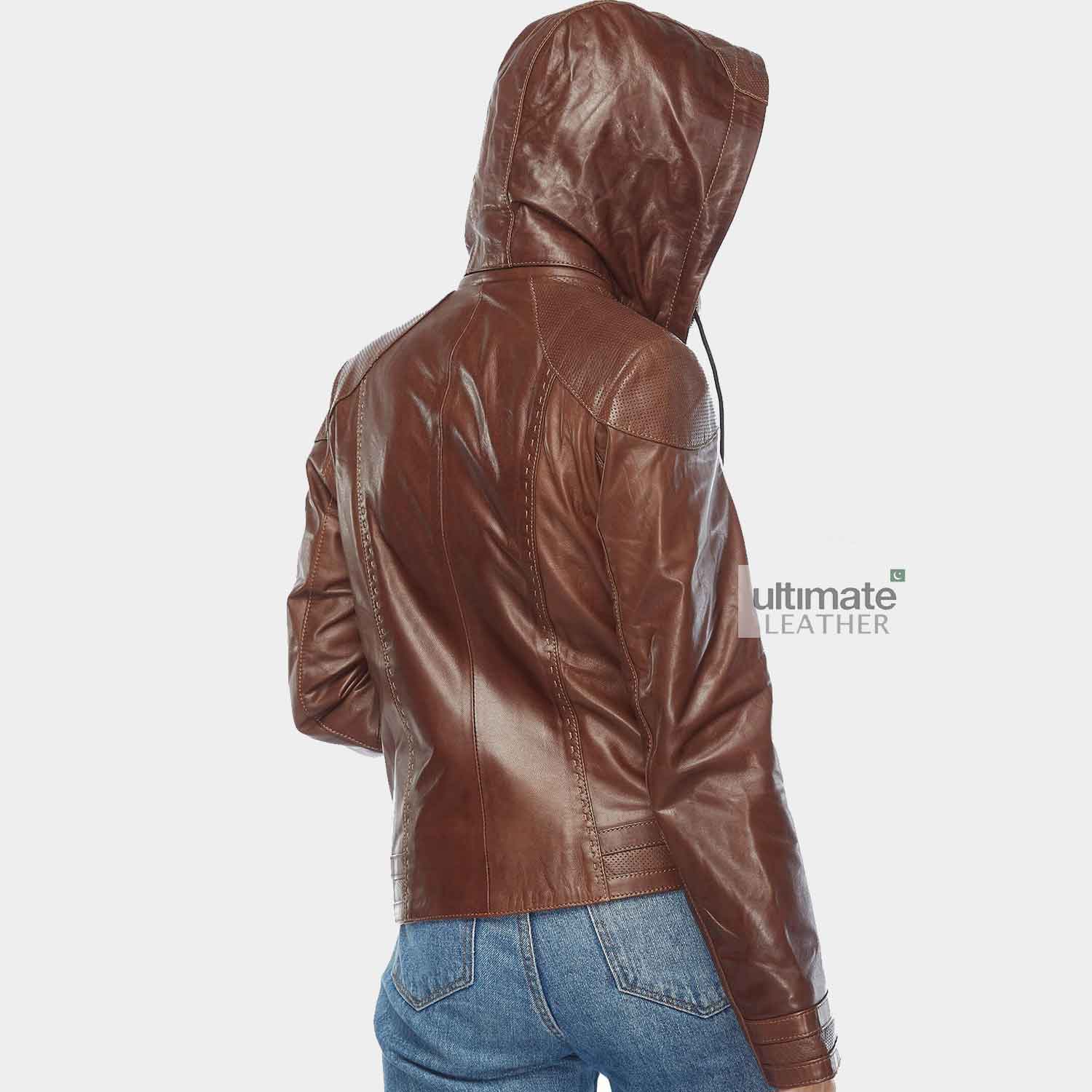 Womens Hooded Brown Faux Leather Jacket
