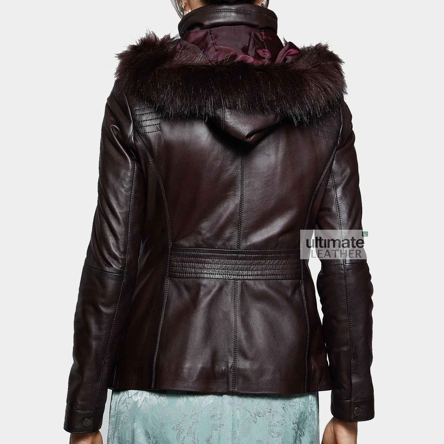 Women's Hooded Brown Leather Jacket