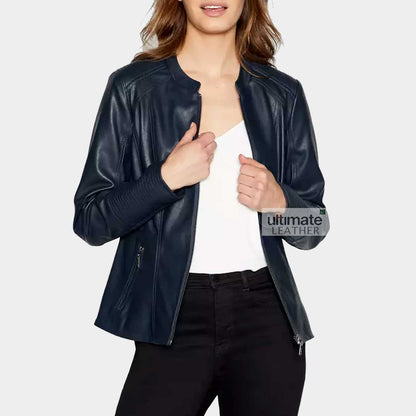 Women's Navy Blue Leather Jacket