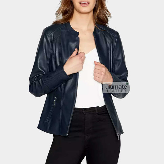 Women's Navy Blue Leather Jacket