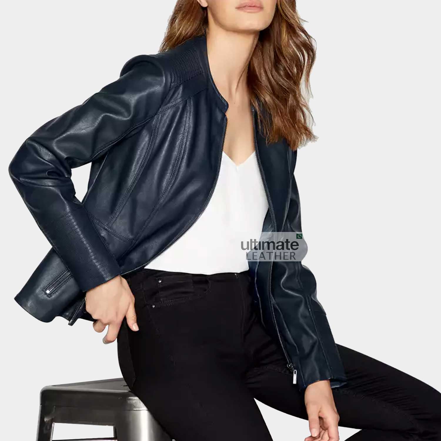 Women's Navy Blue Leather Jacket