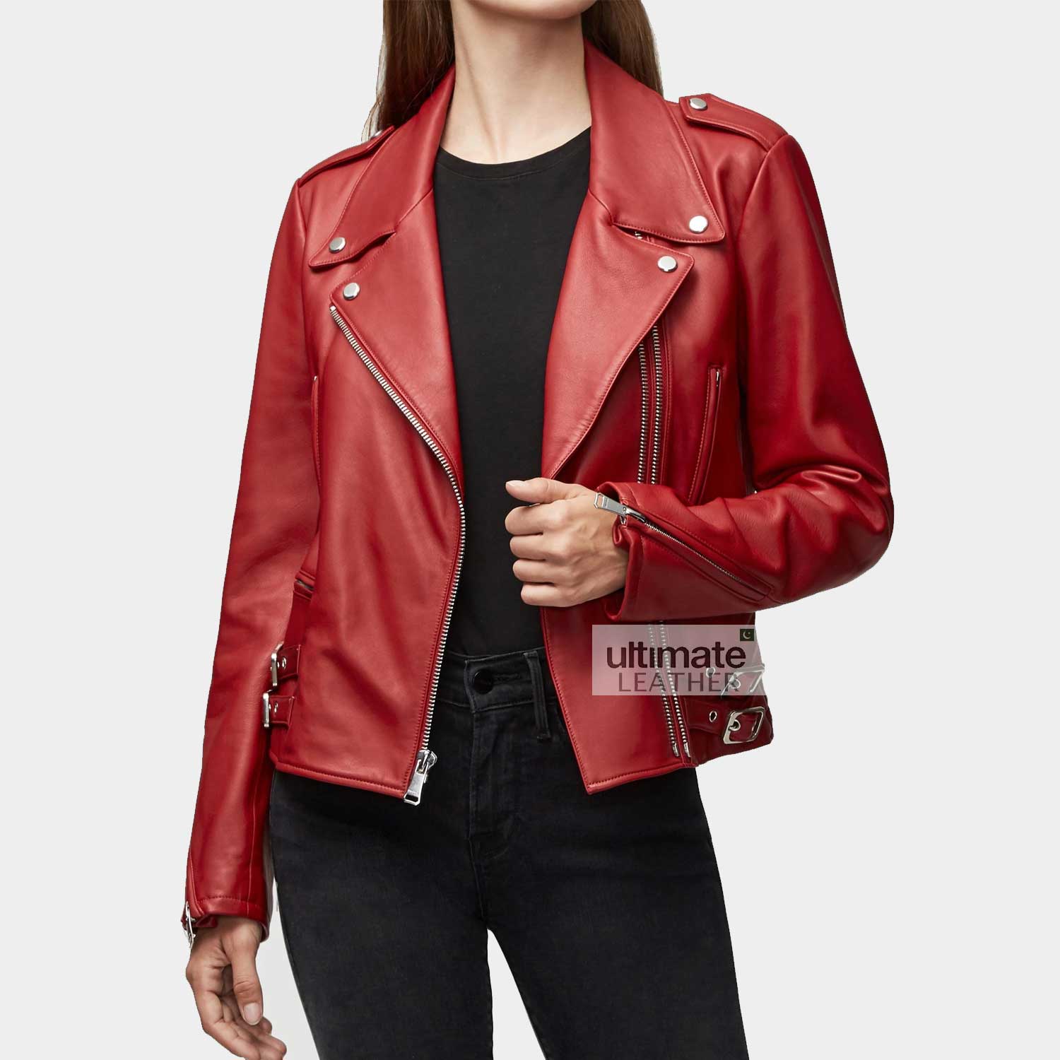 Women's Red Biker Leather Jacket