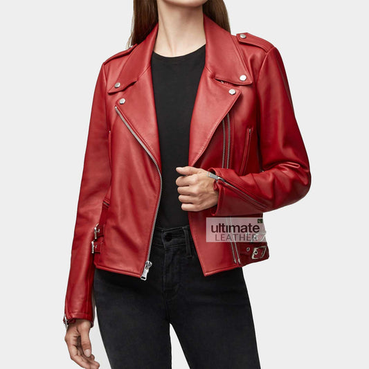Women's Red Biker Leather Jacket