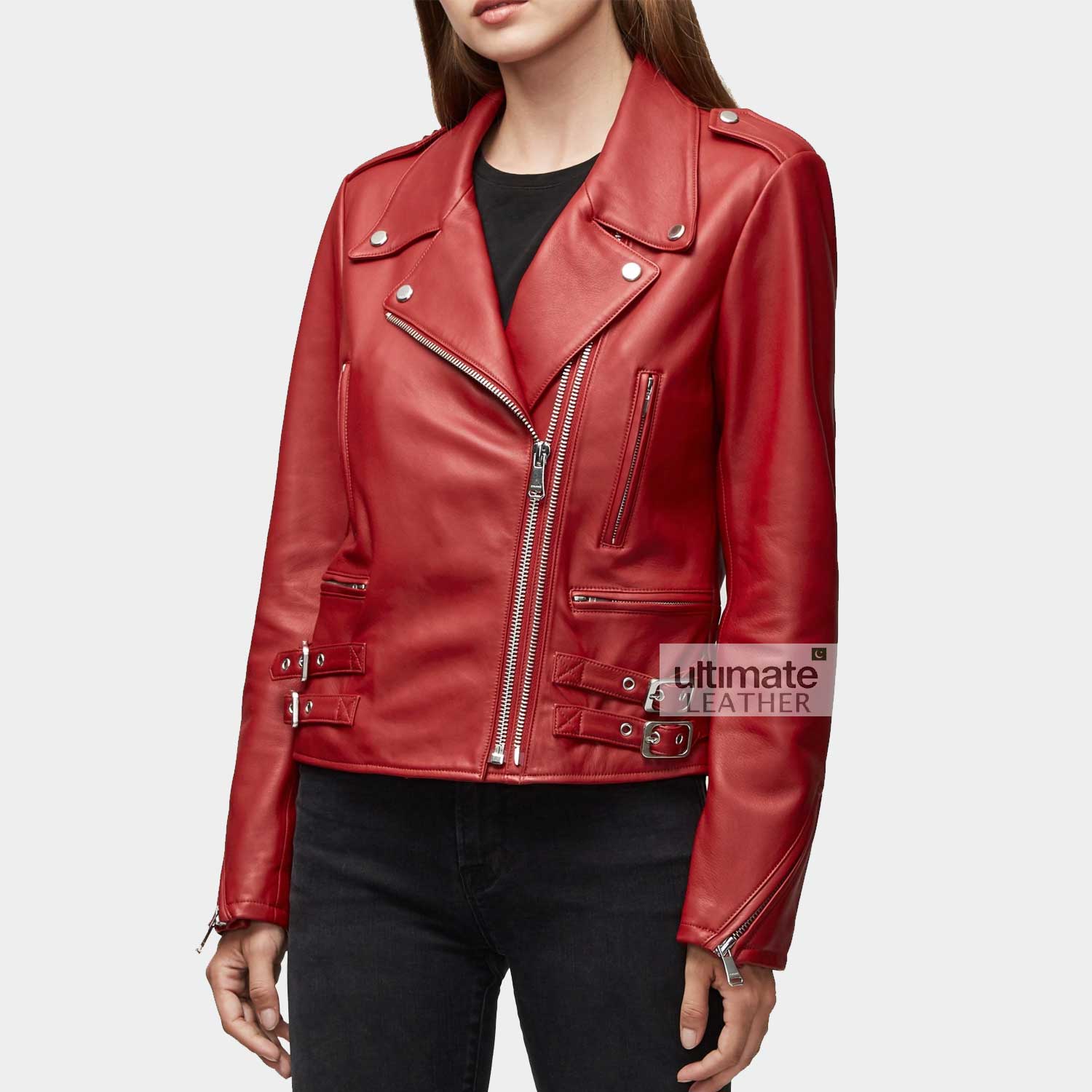 Women's Red Biker Leather Jacket