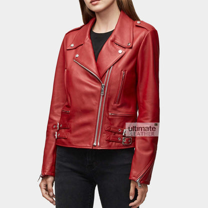 Women's Red Biker Leather Jacket