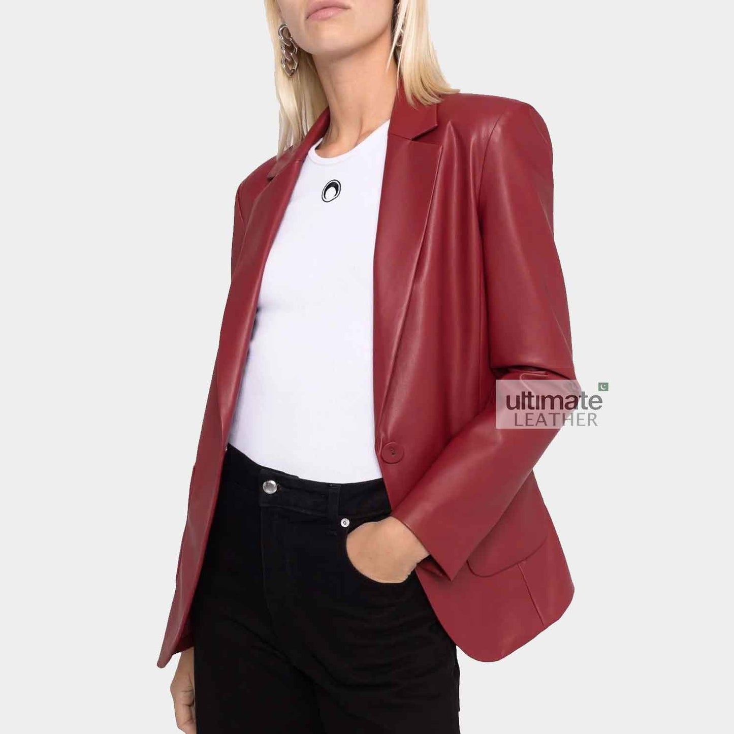 Womens Red Slim Fit Leather Blazer