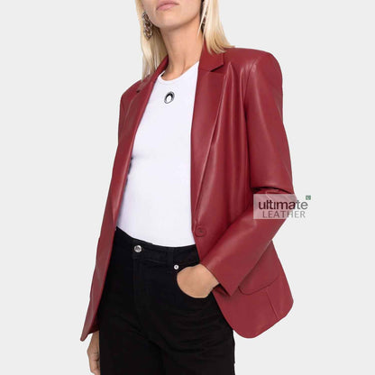 Womens Red Slim Fit Leather Blazer