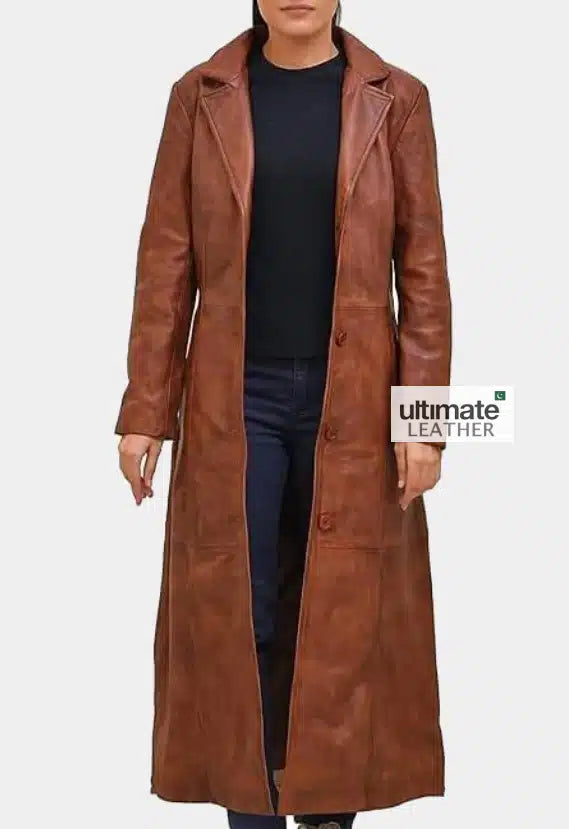 Women's Tan Brown Leather Trench Coat