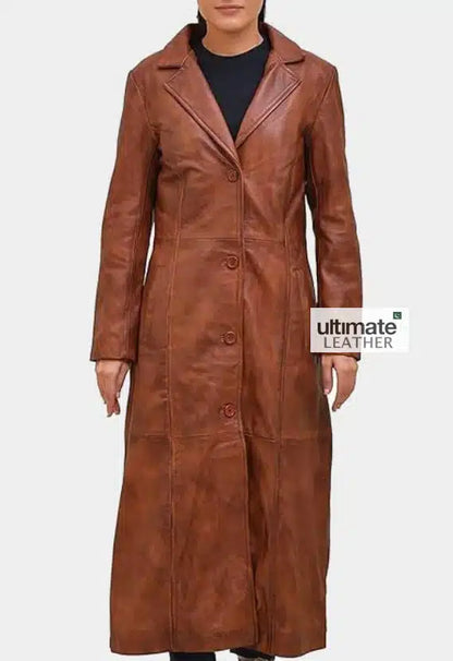 Women's Tan Brown Leather Trench Coat