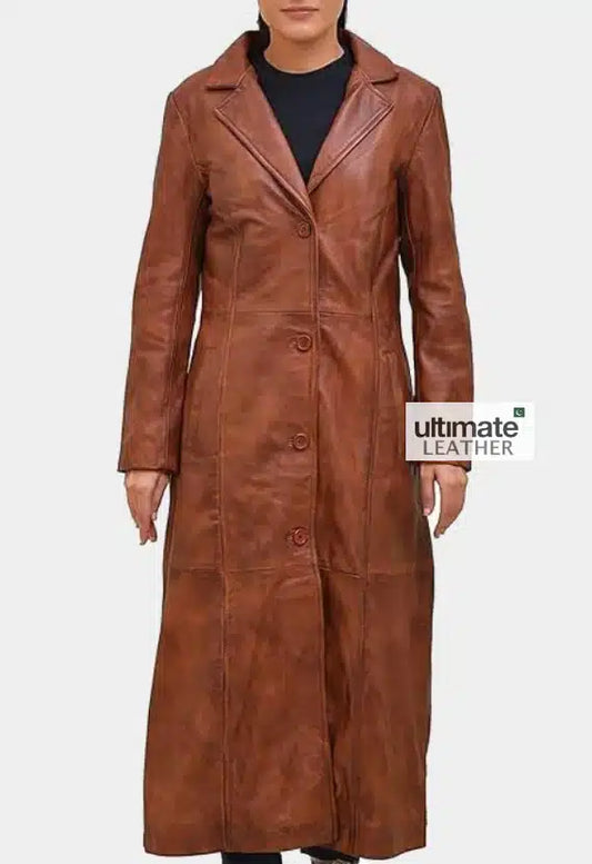 Women's Tan Brown Leather Trench Coat
