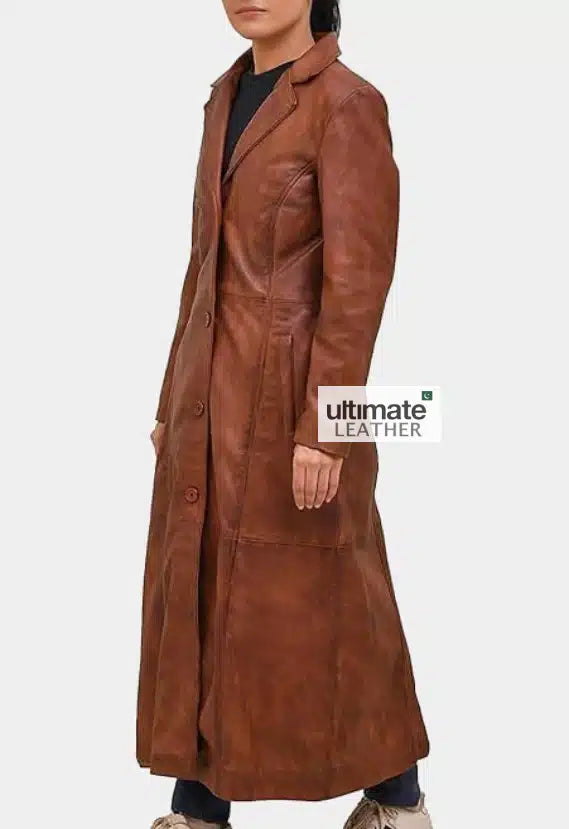 Women's Tan Brown Leather Trench Coat