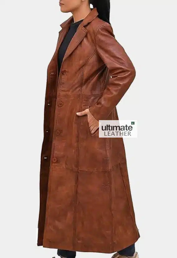 Women's Tan Brown Leather Trench Coat
