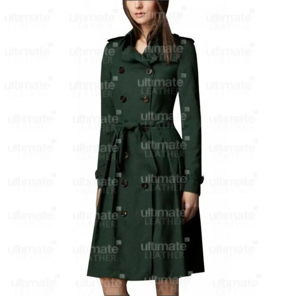 Women's Double Breasted Green Cotton Trench Coat