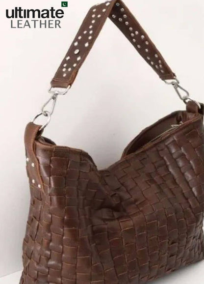 Women's Woven Crossbody Studded Leather Bag