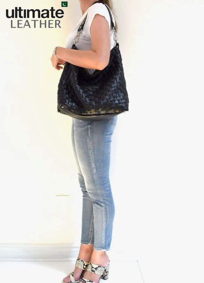 Women's Woven Crossbody Studded Leather Bag