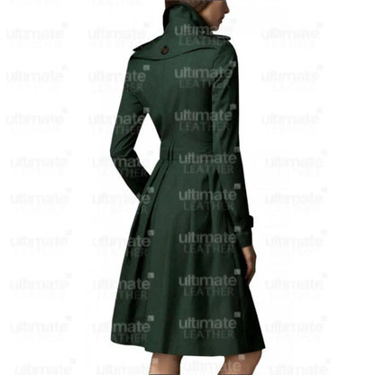 Women's Double Breasted Green Cotton Trench Coat