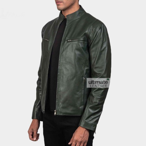 Men's Casual Dark Green Leather Jacket - Image 2