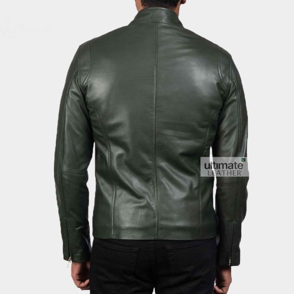 Men's Casual Dark Green Leather Jacket - Image 3