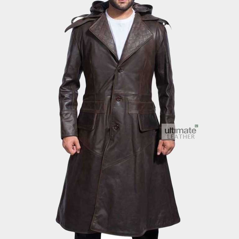 Mens Brown Quilted Leather Trench Coat | Long Hooded Coat