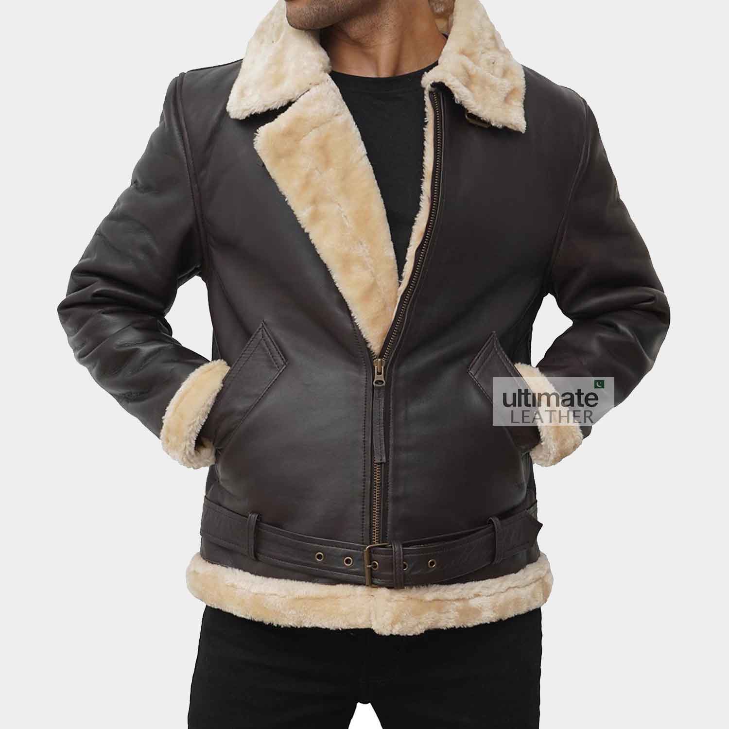 Mens Dark Brown Bomber Shearling B3 Style Leather Jacket