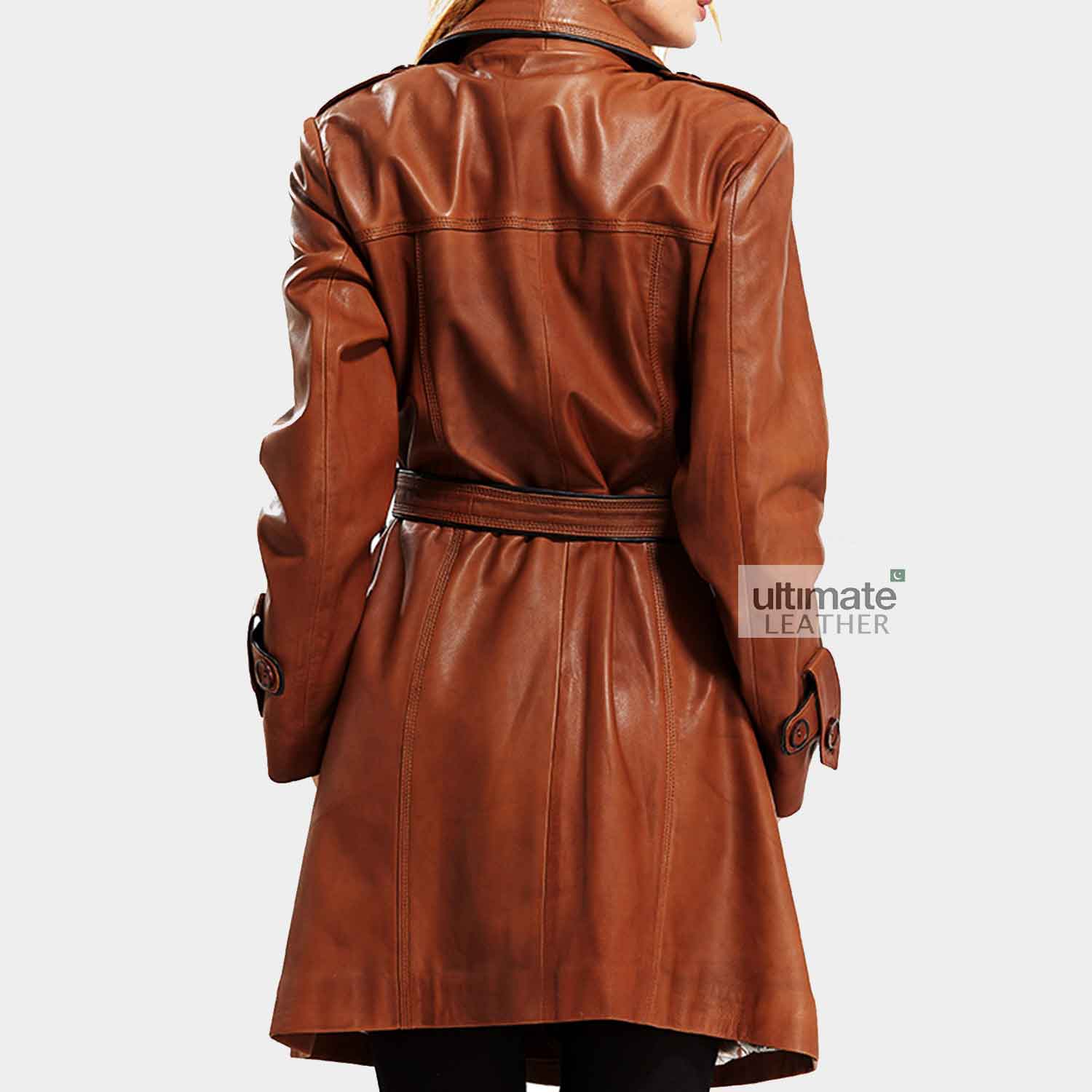 Women's Classic Brown Leather Trench Belted Coat Pakistan