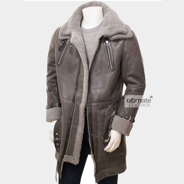 Mens Grey Shearling Trench Coat | Belted Coat with Fur Collar
