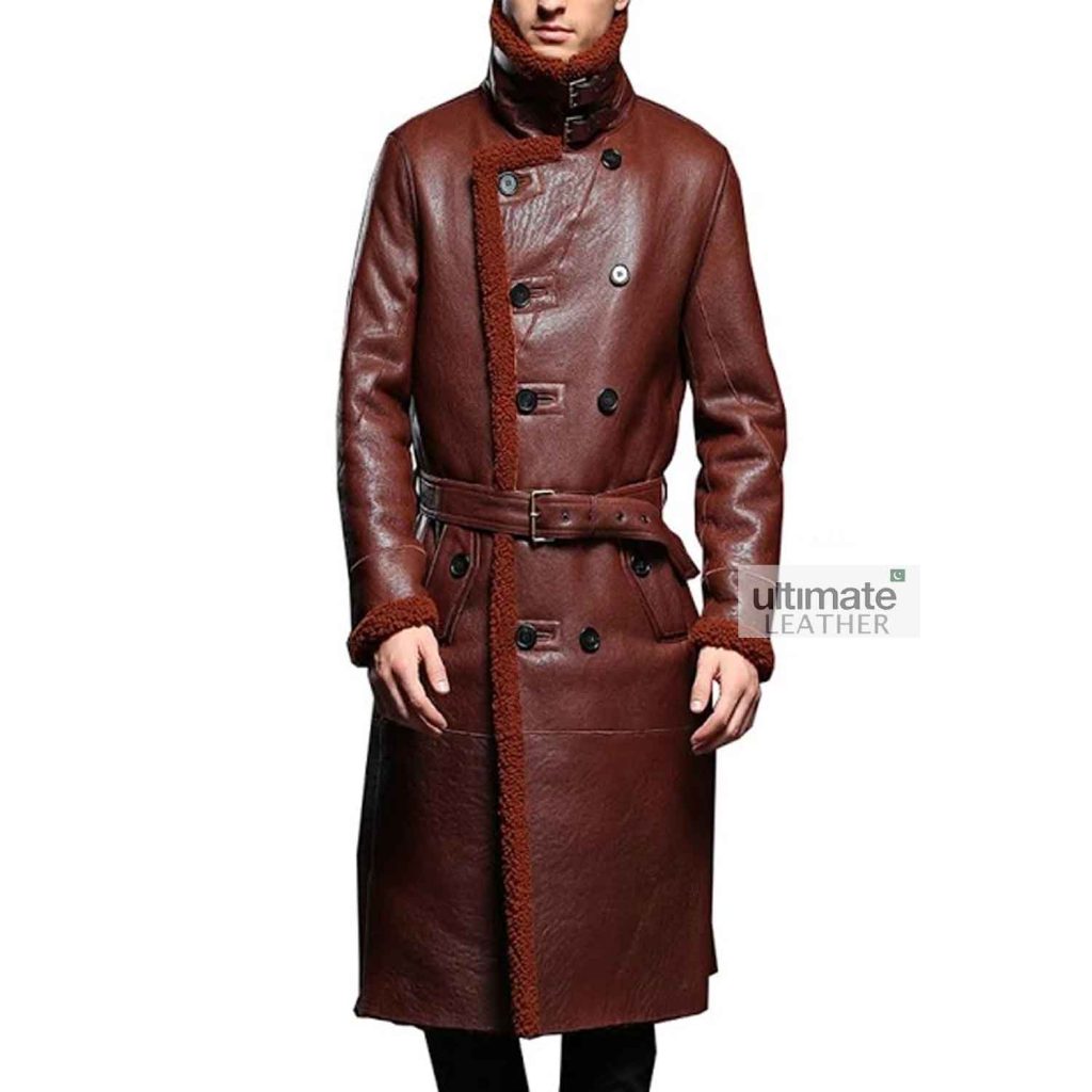 Get Shearling Maroon Sheepskin Leather Trench Coat with Belt