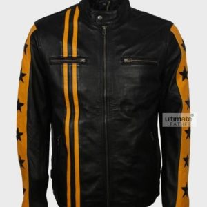 Men's-Black-Yellow Cafe-Racer-Leather-Jacket